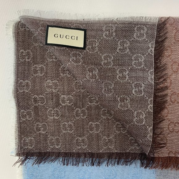 Gucci GG Lenolis Colorblock Scarf in Blue & Brown - Picture 7 of 12